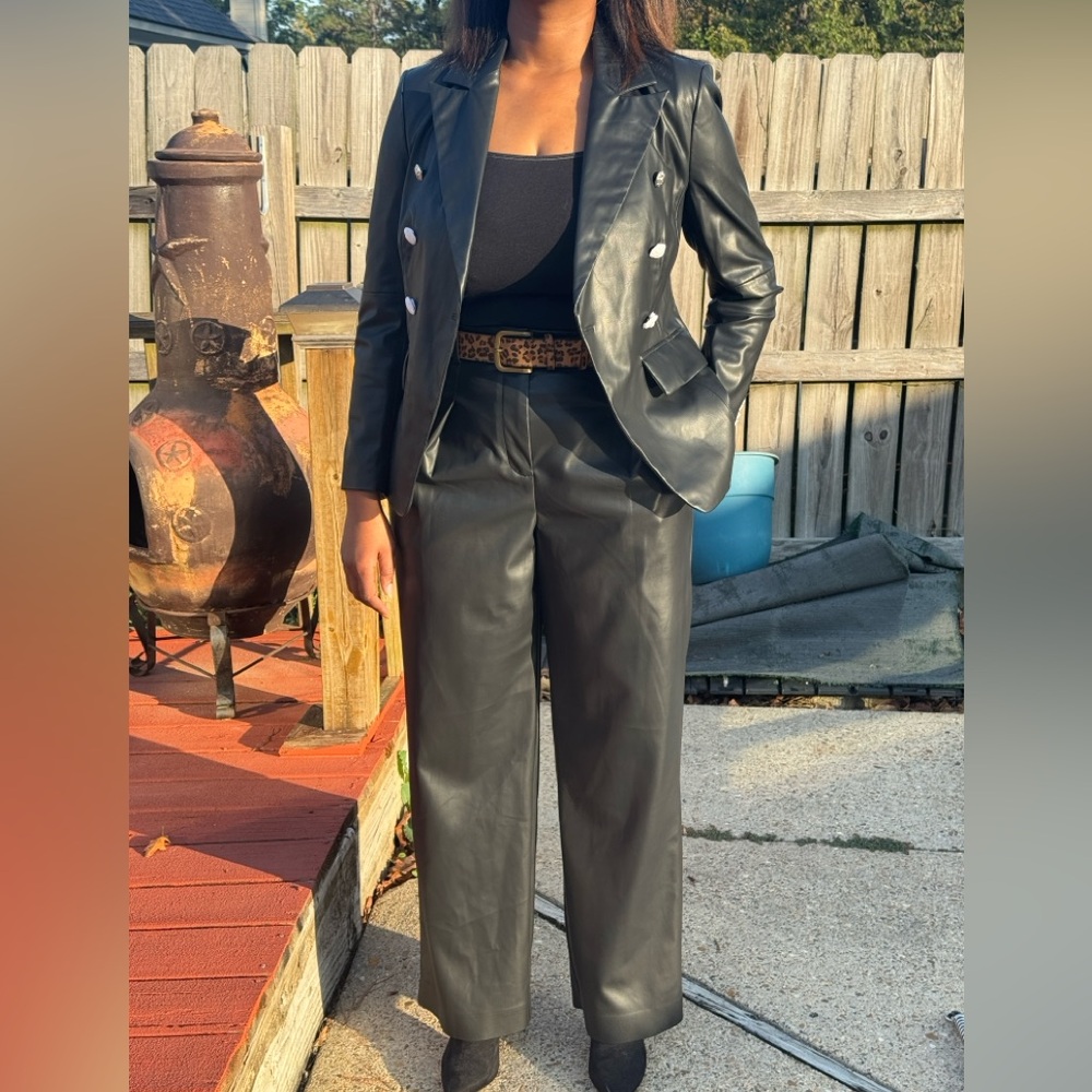 Chic Black Leather double breasted Blazer & Wide leg pleated pants set
